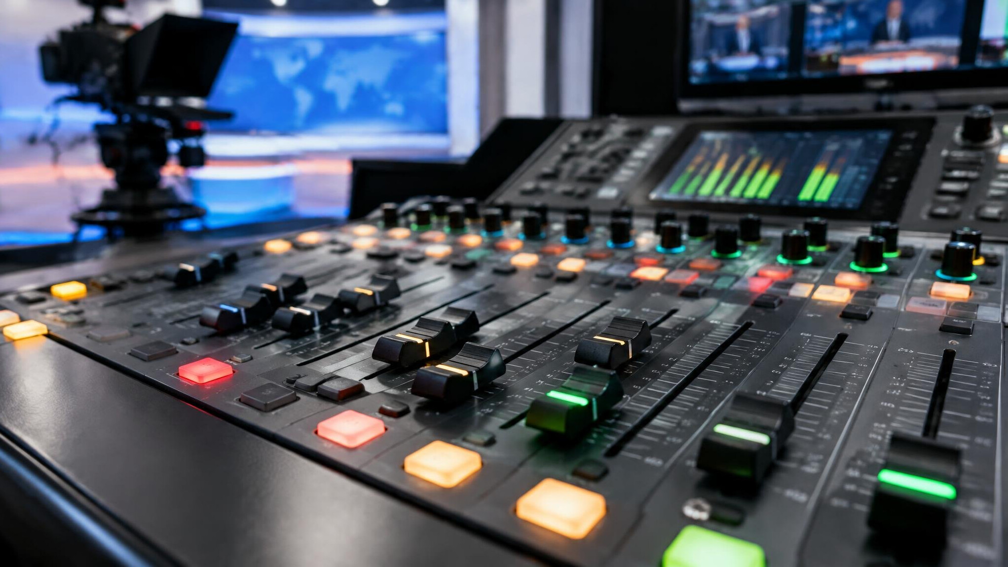 Audio mixing board with sliders in a studio