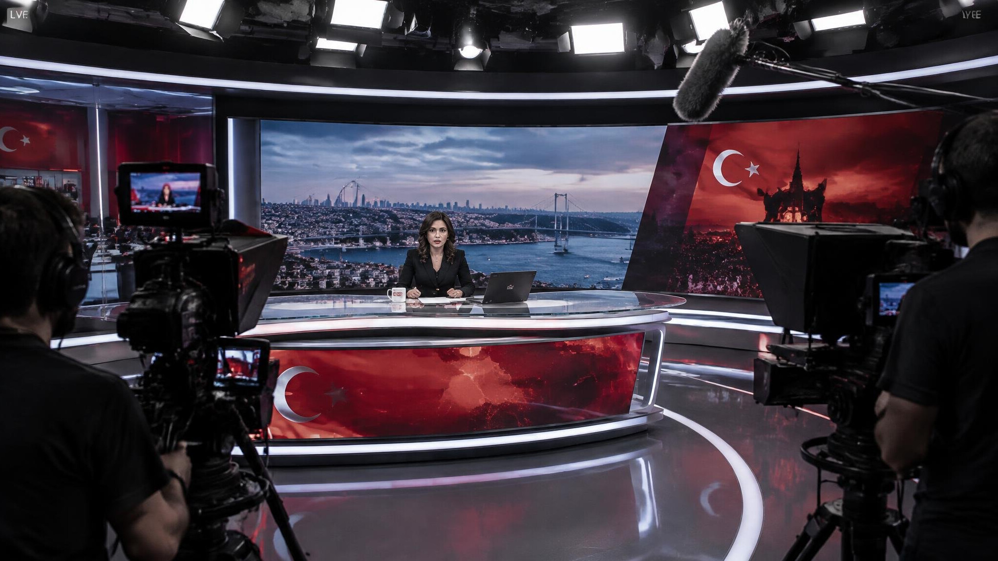 Television studio set with cameras during a live broadcast